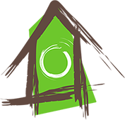 The image features a stylized, simplistic representation of a house with a circular green symbol above it.